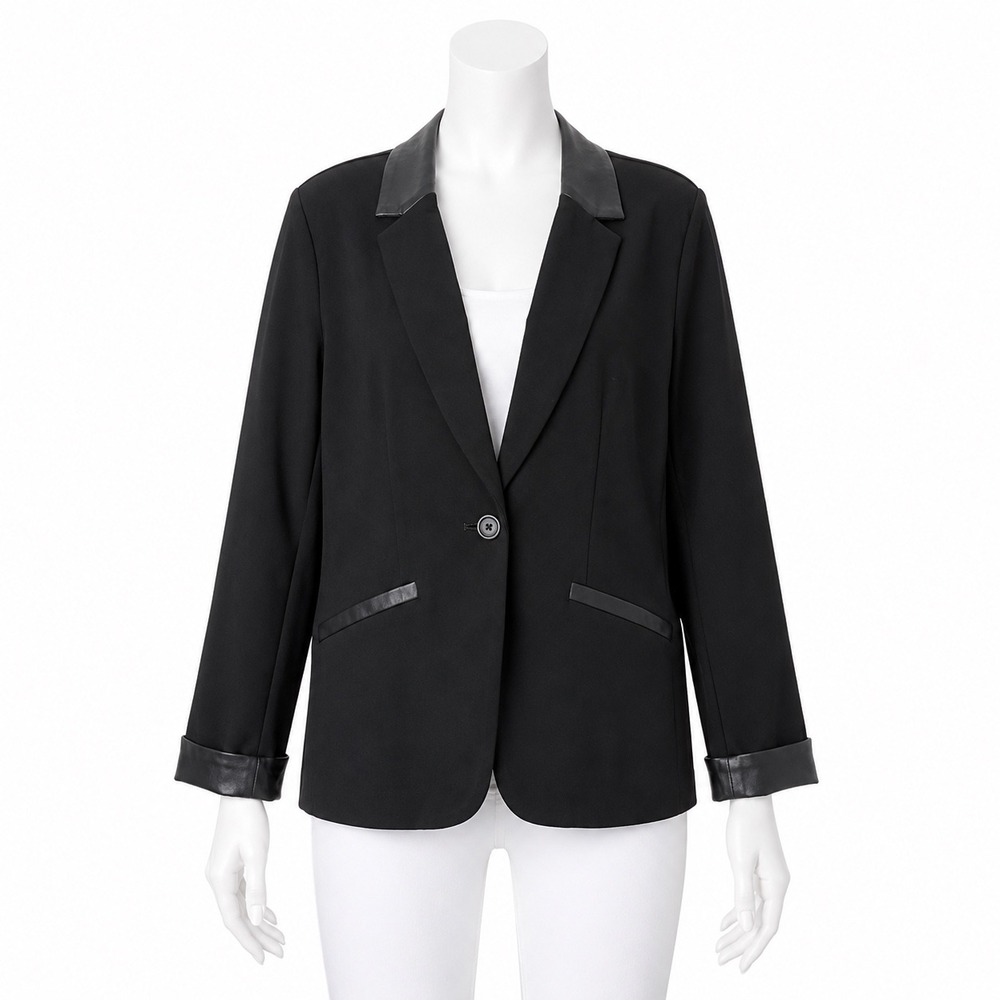 Susan Graver Blazer Women 12 Black Faux Leather Trim Single Button Ponte Jacket